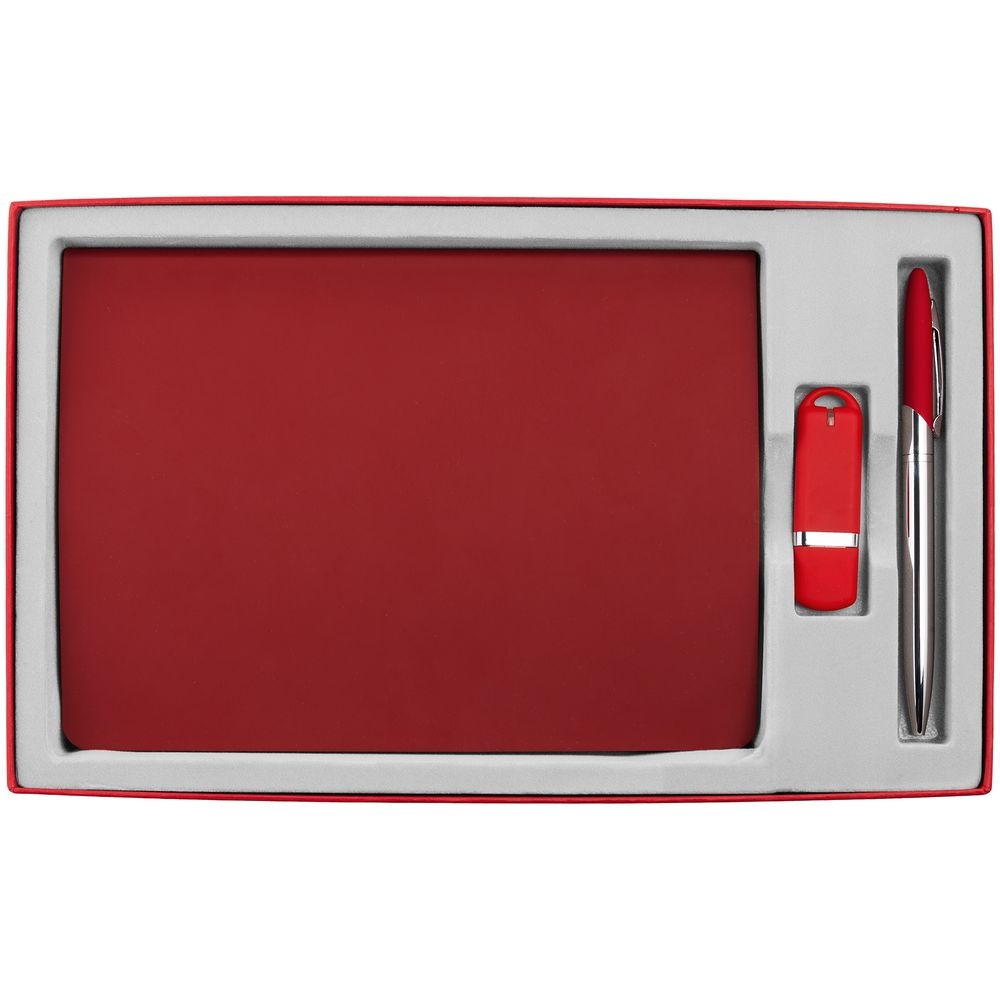 Набор Horizon, красный, красный, ежедневник - искусственная кожа; ручка - металл; флешка - пластик; покрытие софт-тач; коробка - переплетный картон