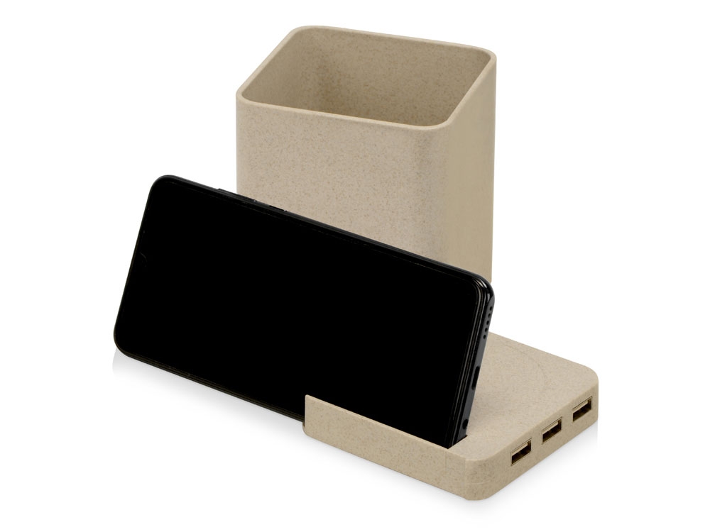 Настольный органайзер Cubic с функциями USB-хаба и беспроводной зарядки, натуральный, пластик, растительные волокна