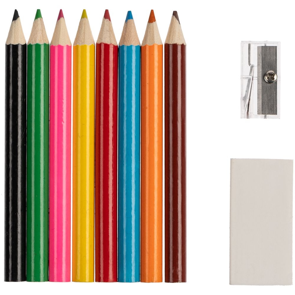 Набор Hobby с цветными карандашами, ластиком и точилкой, белый, белый, металл, пенал - полиэстер, пластик; карандаши - дерево; точилка - пластик