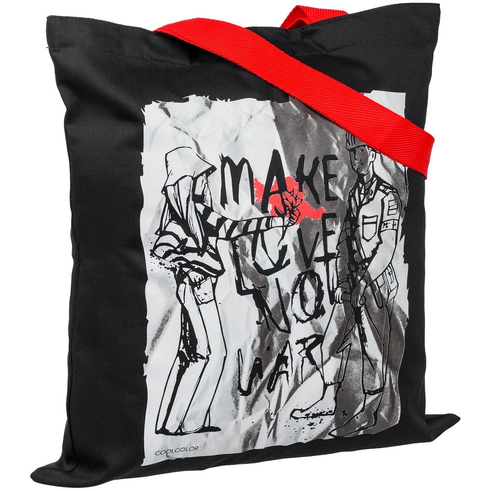 Холщовая сумка Make Love, черная с красными ручками, черный, красный, сумка - хлопок, 240 г/м²; ручки - полиэстер