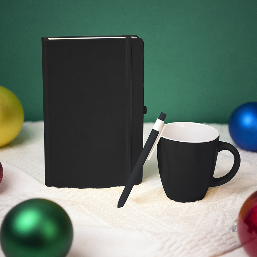 Подарочный набор HAPPINESS: блокнот, ручка, кружка, чёрный, черный, несколько материалов