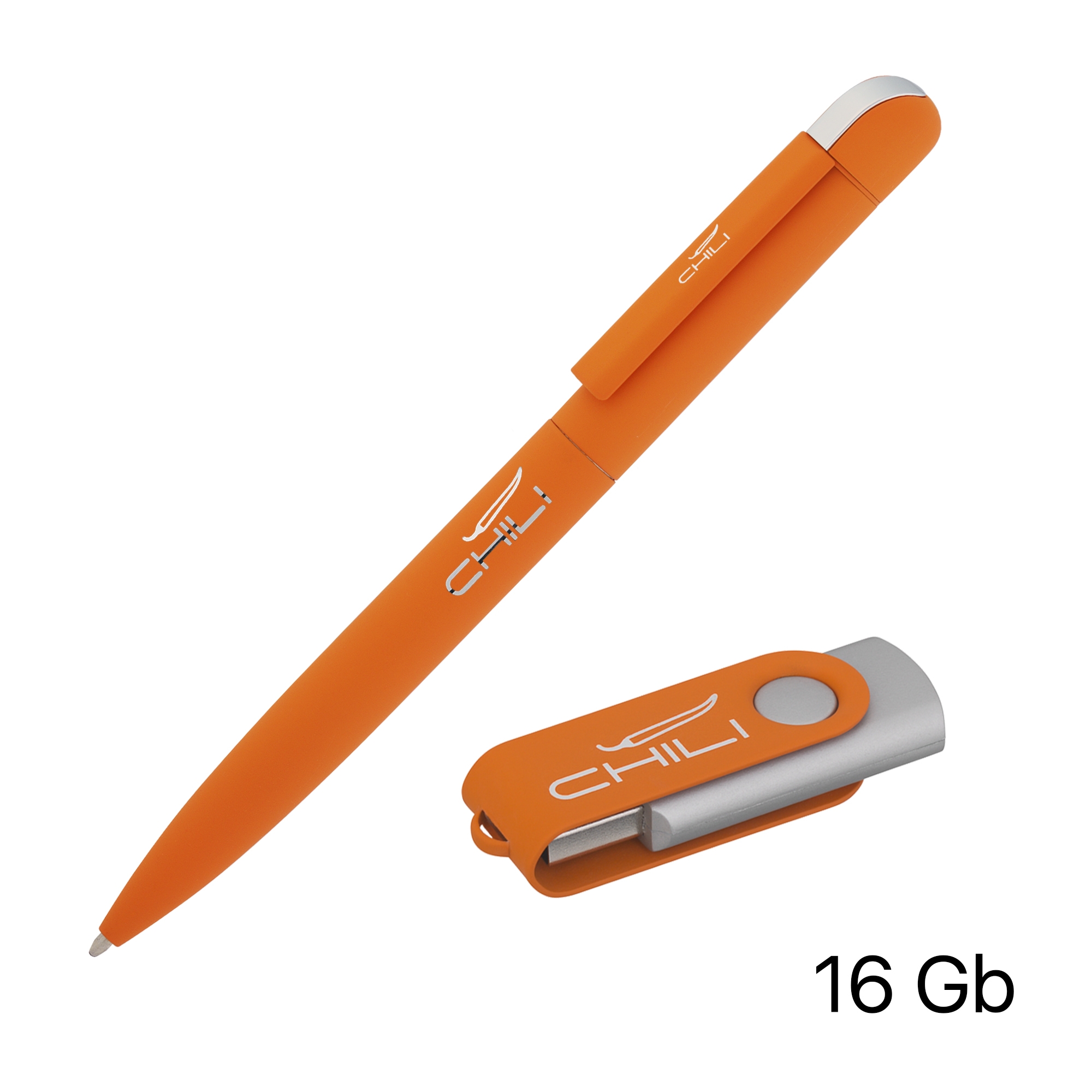 Набор ручка + флеш-карта 16 Гб в футляре, покрытие soft touch, оранжевый, металл/soft touch