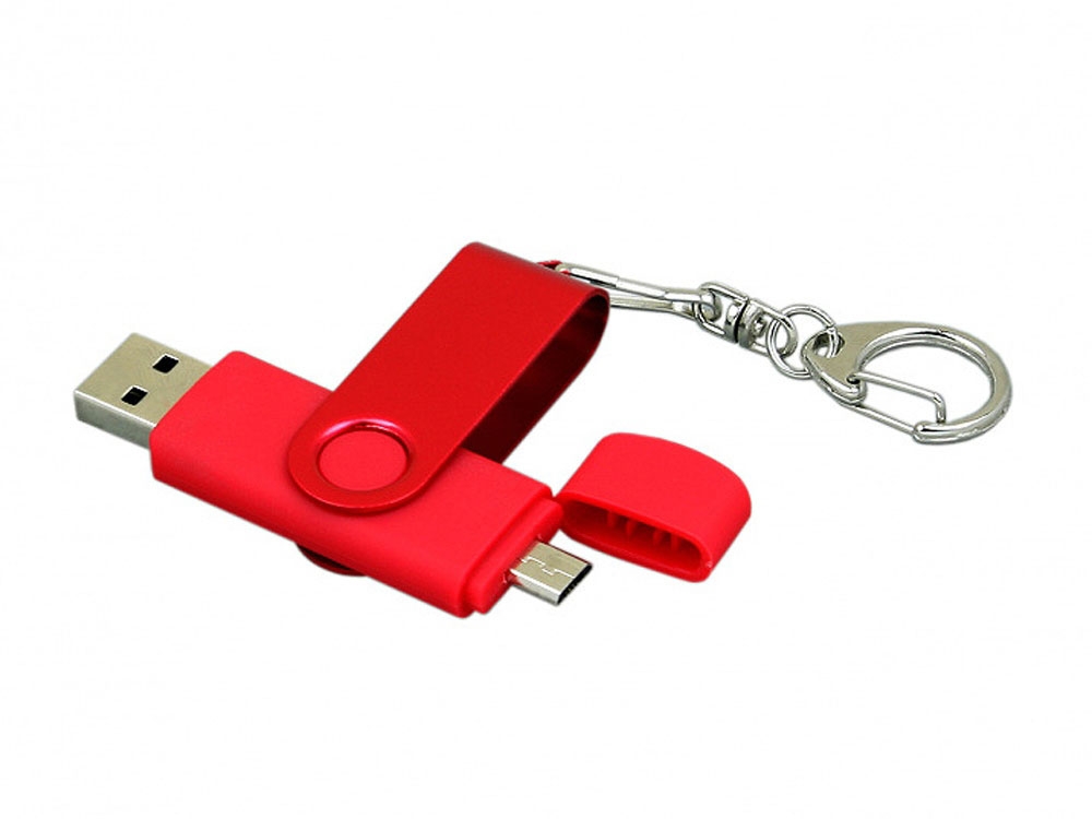 USB 2.0- флешка на 64 Гб с поворотным механизмом и дополнительным разъемом Micro USB, красный, пластик