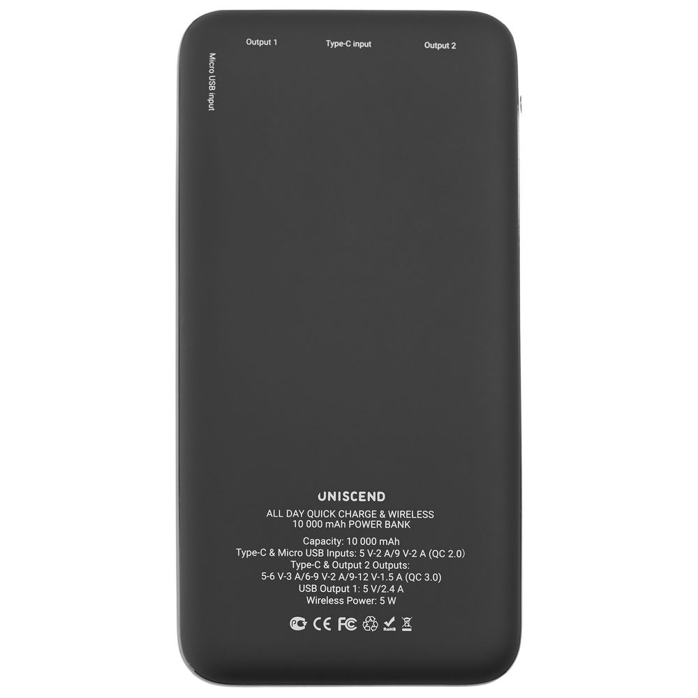Aккумулятор Quick Charge Wireless 10000 мАч, черный, черный, пластик; покрытие софт-тач