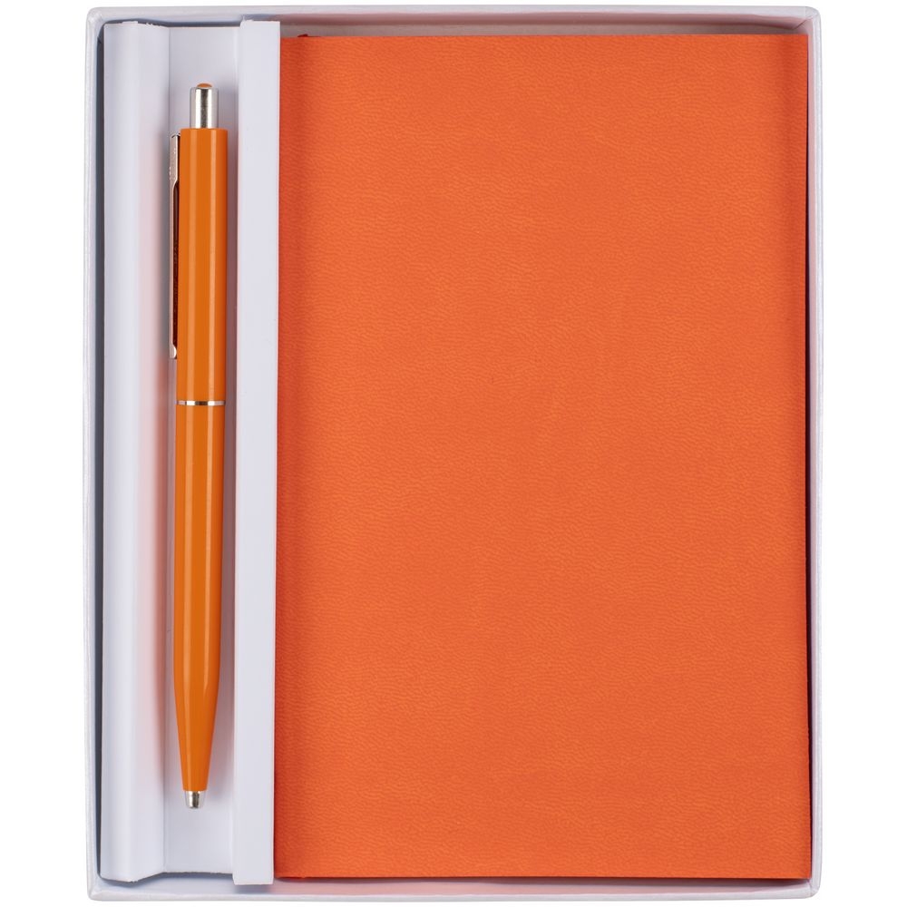 Набор Flat Mini, оранжевый, оранжевый, пластик, покрытие софт-тач; ручка - металл, ежедневник - искусственная кожа