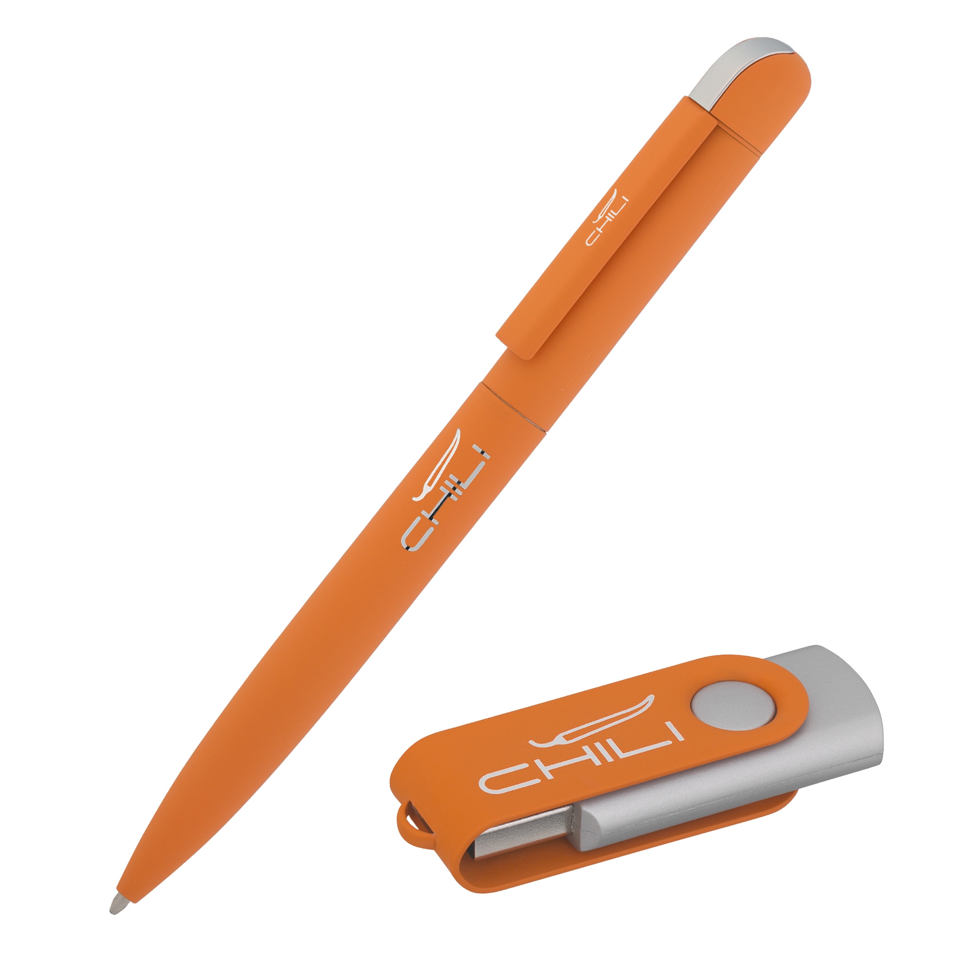 Набор ручка "Jupiter" + флеш-карта "Vostok" 8 Гб в футляре, покрытие soft touch#, оранжевый, металл/soft touch