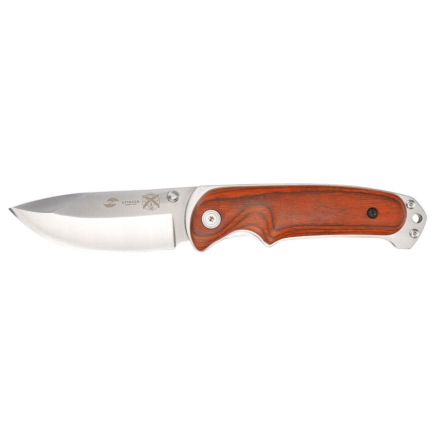 Складной нож Stinger 8236, коричневый, коричневый, лезвие - нержавеющая сталь, 3cr13; рукоять - дерево, сталь; чехол - нейлон