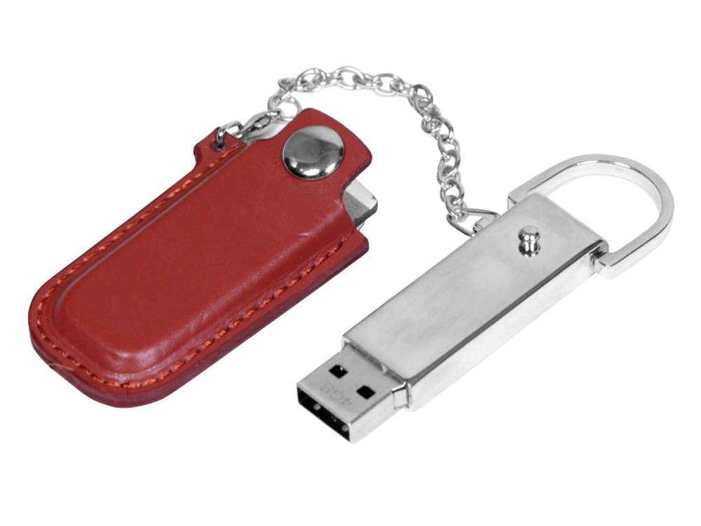 USB 2.0- флешка на 16 Гб в массивном корпусе с кожаным чехлом, коричневый, серебристый, кожа