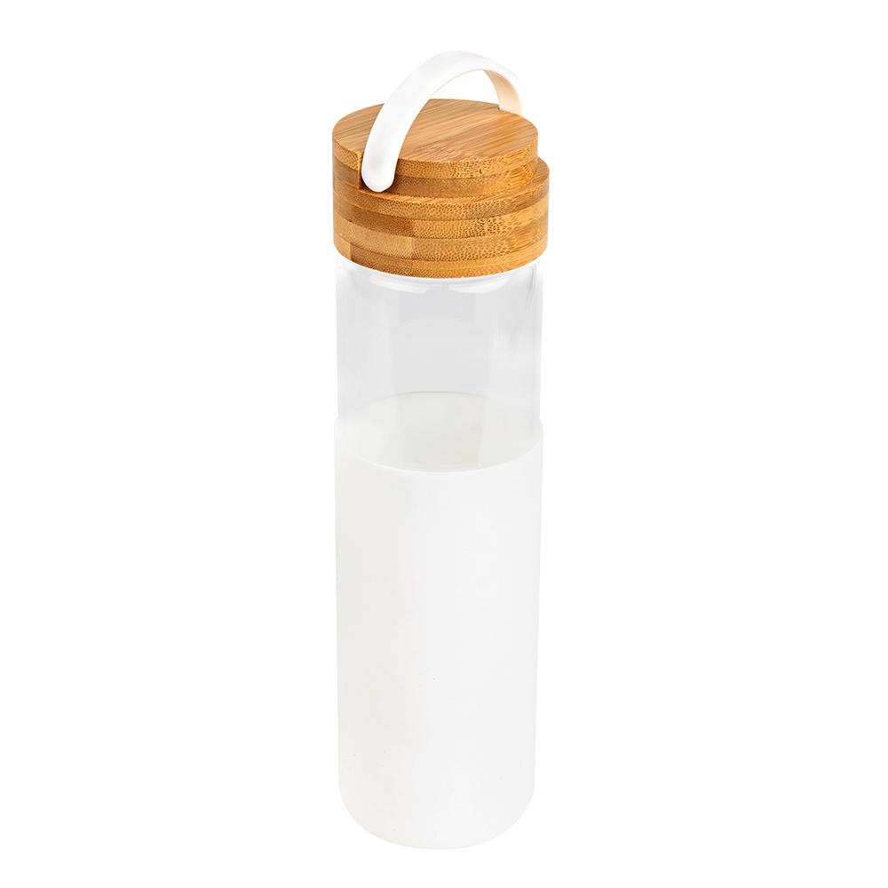 Бутылка стеклянная с силиконовой манжетой и бамбуковой крышкой  Glass, белая, белый
