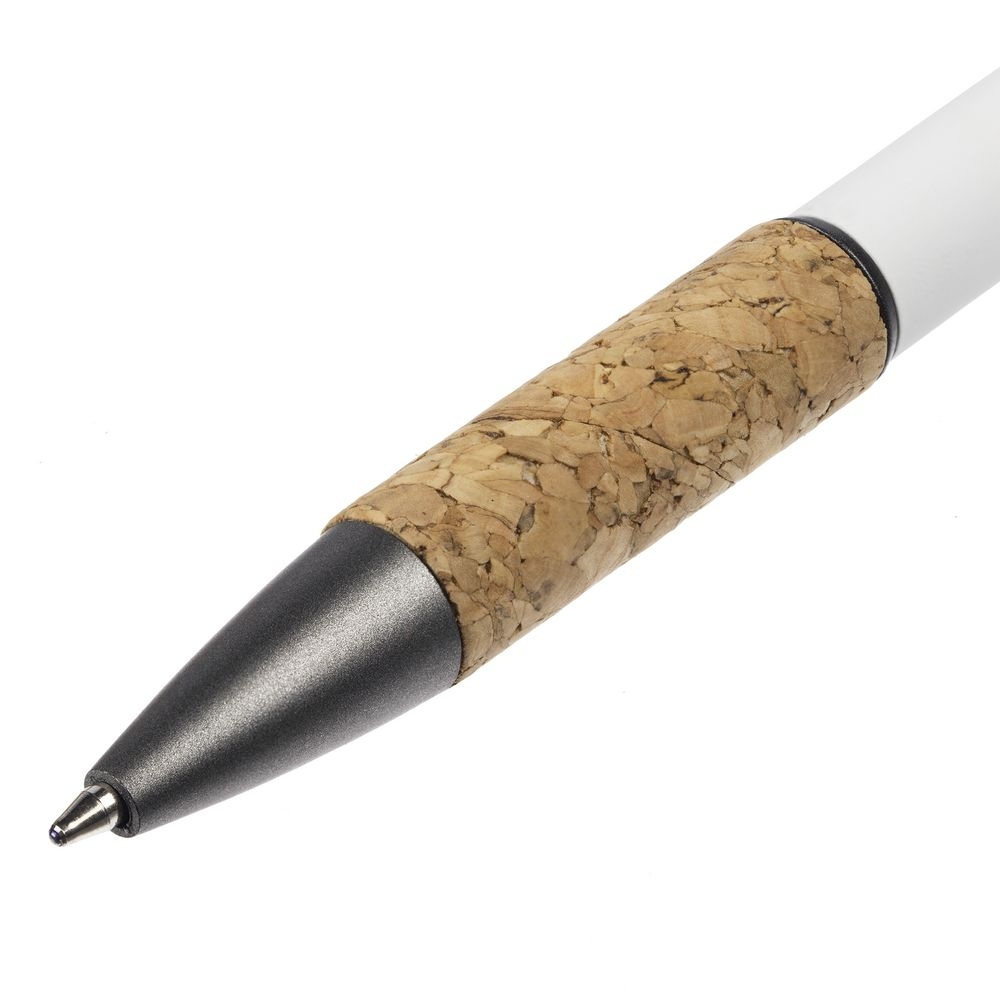 Ручка шариковая Cork, белая, белый, корпус - металл; покрытие софт-тач; грип - пробка; носик, кнопка и клип - пластик