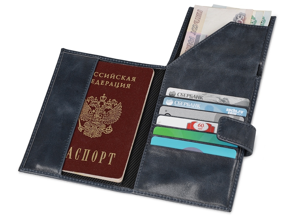 Бумажник путешественника «Druid» с отделением для паспорта, синий, кожа