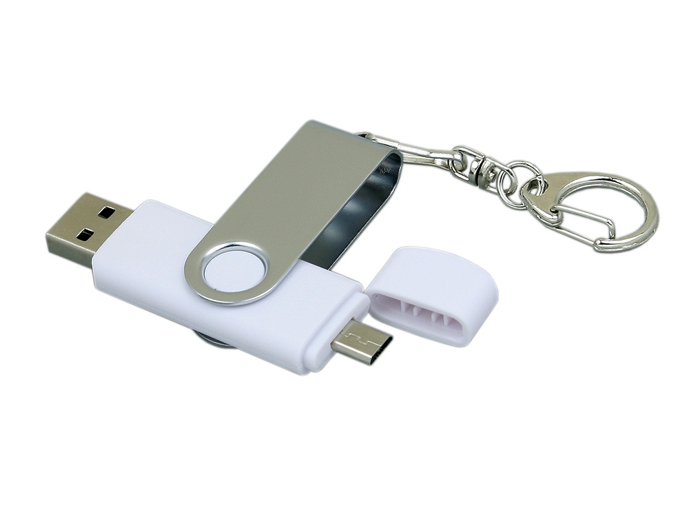 USB 2.0- флешка на 16 Гб с поворотным механизмом и дополнительным разъемом Micro USB, белый, серебристый, пластик, металл