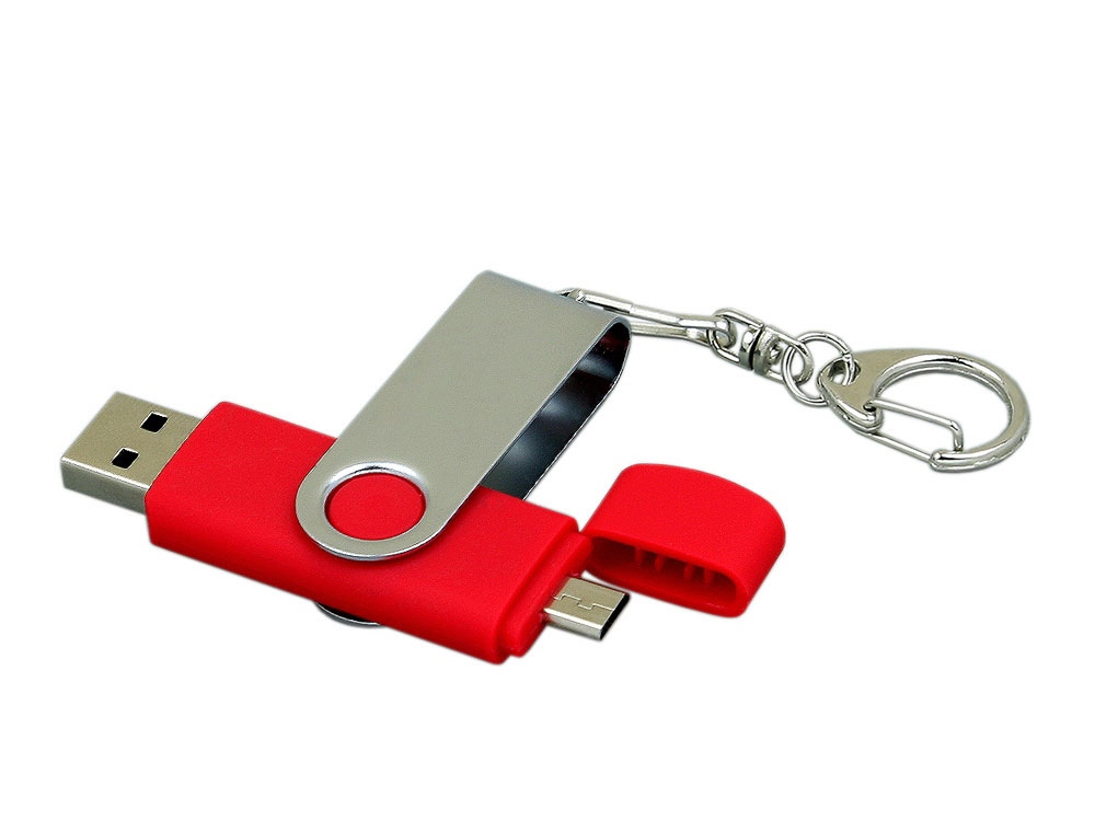 USB 2.0- флешка на 64 Гб с поворотным механизмом и дополнительным разъемом Micro USB, красный, серебристый, пластик, металл
