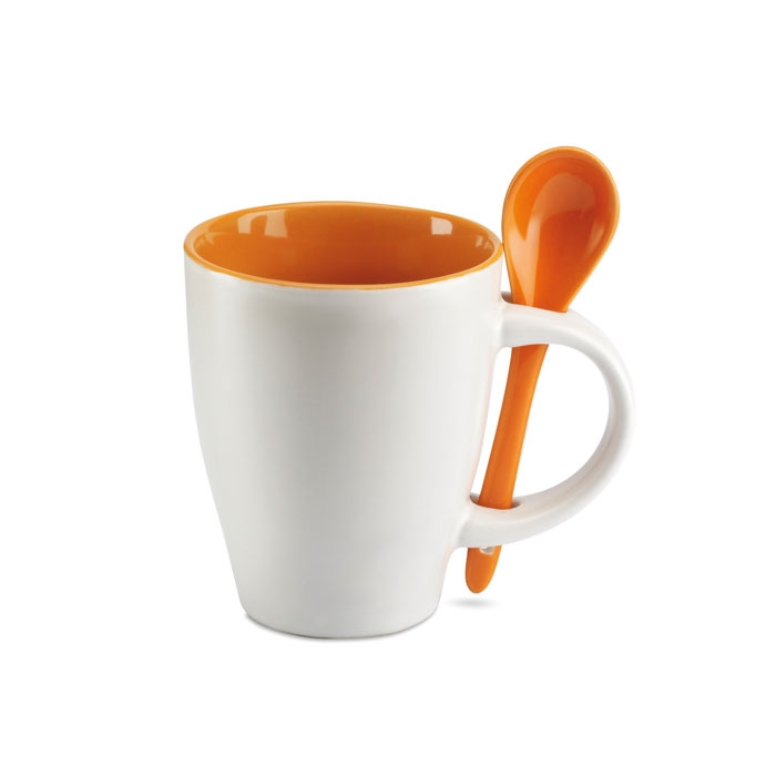 Чашка с ложкой, оранжевый, керамика