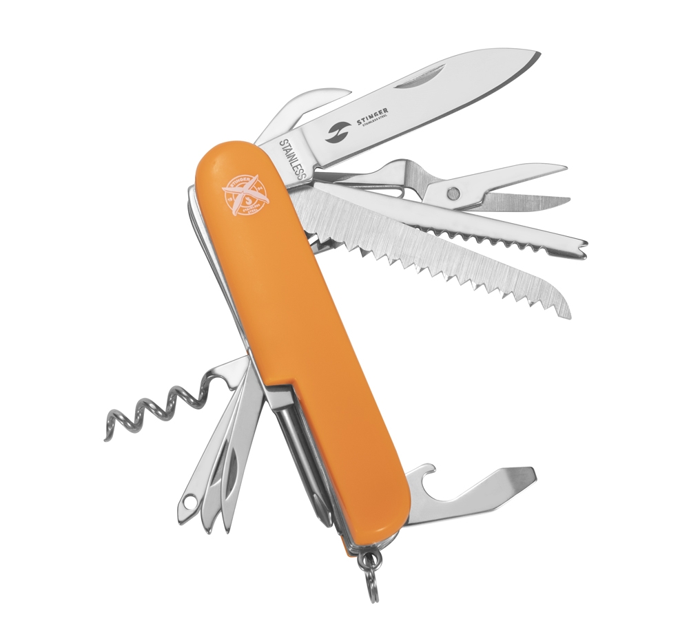Нож перочинный Stinger, 89 мм, 15 функций, материал рукояти: АБС-пластик (оранжевый), в блистере, оранжевый, пластик