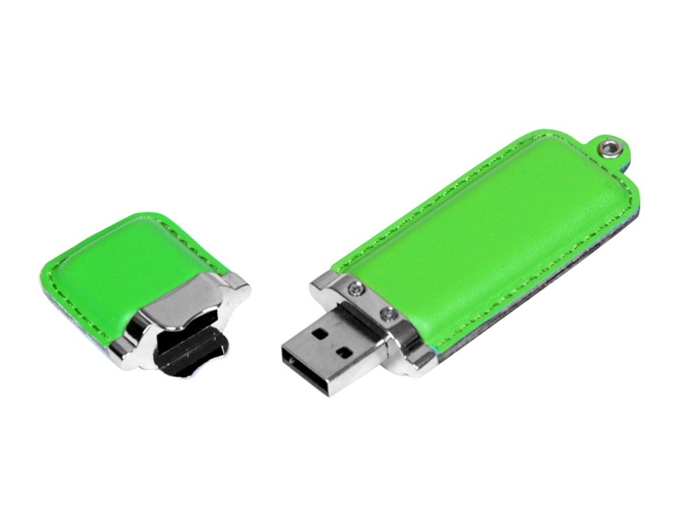 USB 2.0- флешка на 8 Гб классической прямоугольной формы, зеленый, серебристый, кожа