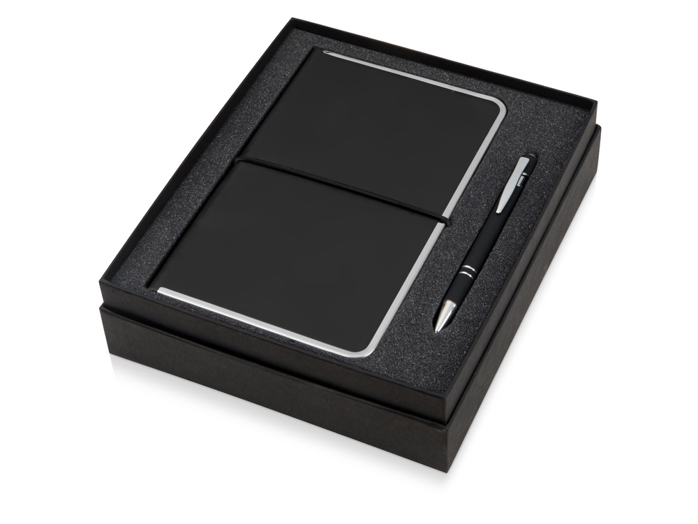 Подарочный набор «Silver Sway» с ручкой и блокнотом А5, черный, серебристый, кожзам, soft touch