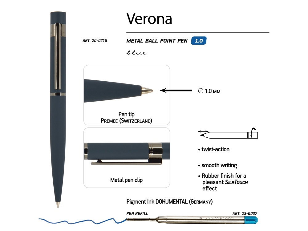 Ручка металлическая шариковая «Verona», синий, металл, silk-touch