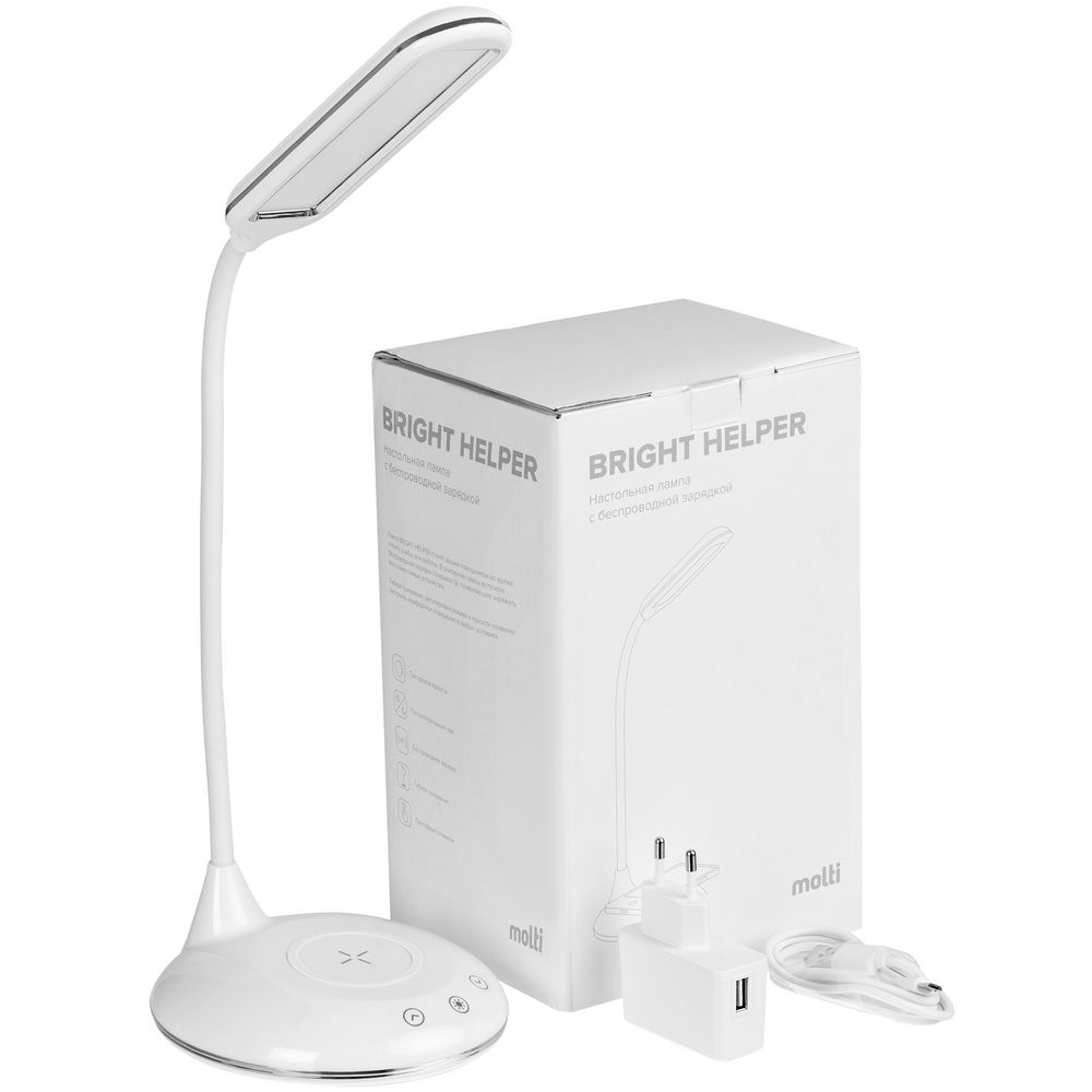 Лампа с беспроводной зарядкой Bright Helper, белая, белый, пластик