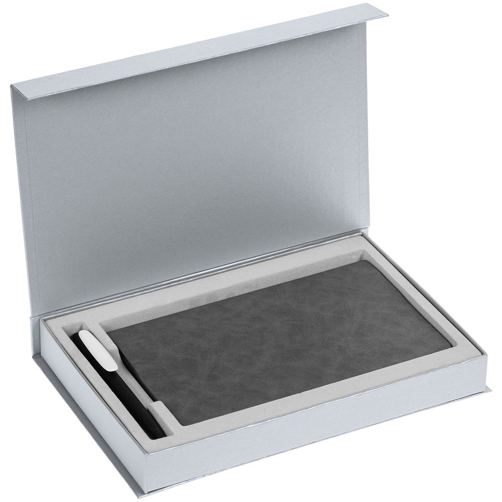 Коробка Silk с ложементом под ежедневник 13x21 и ручку, серебристая, серебристый, картон