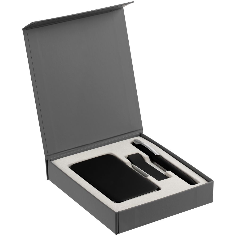 Коробка Latern для аккумулятора 5000 мАч, флешки и ручки, серая, серый, переплетный картон; покрытие софт-тач