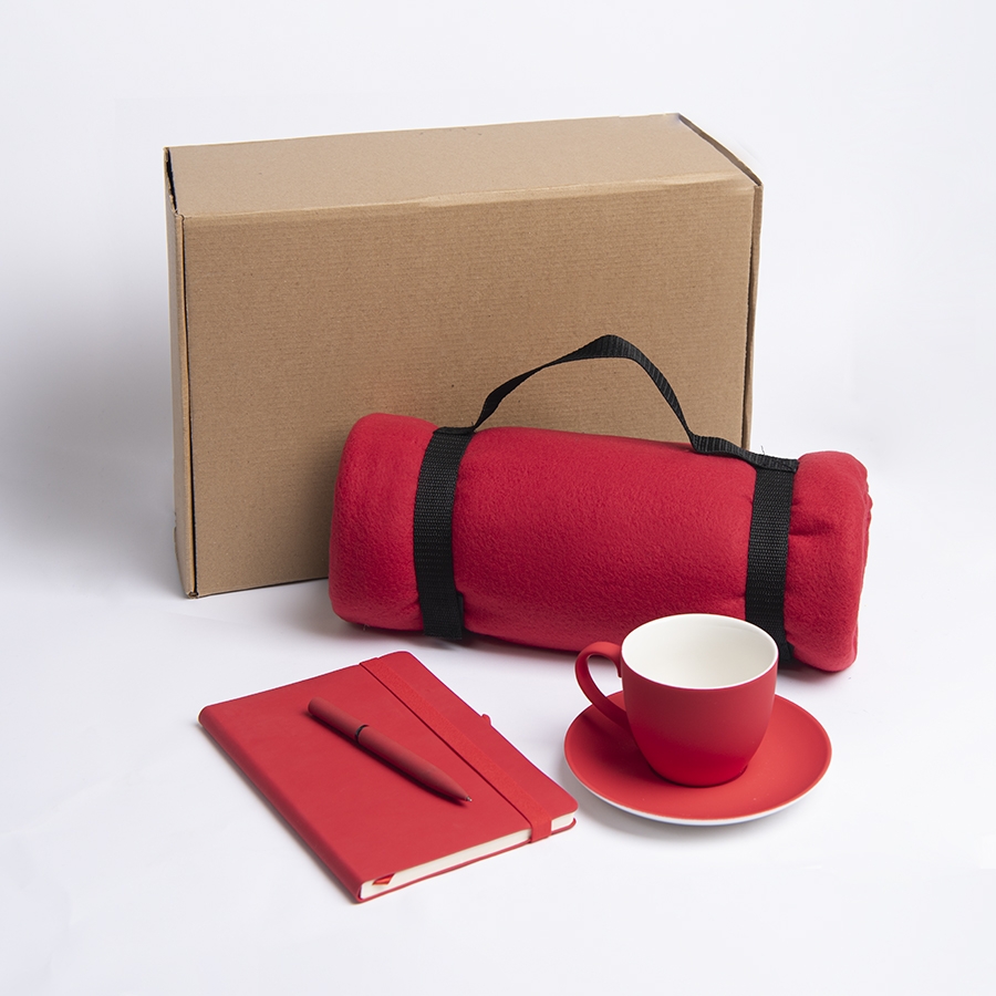 Набор подарочный COSINESS: плед, ежедневник, ручка, чайная пара, коробка, красный, красный, несколько материалов