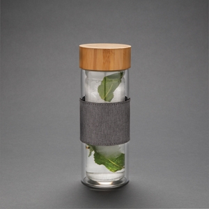 Бутылка Impact с двойными стенками из боросиликатного стекла, 360 мл, прозрачный; серый, стекло; бамбук