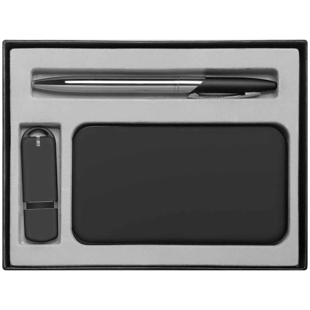Набор Hand Hunter Bring, 16 Гб, черный, черный, покрытие софт-тач; ручка - металл, покрытие софт-тач; переплетный картон, флешка и аккумулятор - пластик