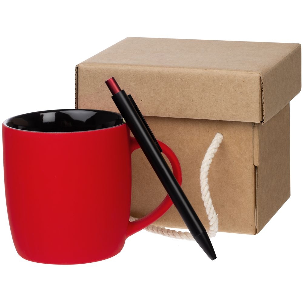 Набор Color Block: кружка и ручка, красный с черным, черный, красный, покрытие софт-тач; ручка - металл, кружка - фарфор