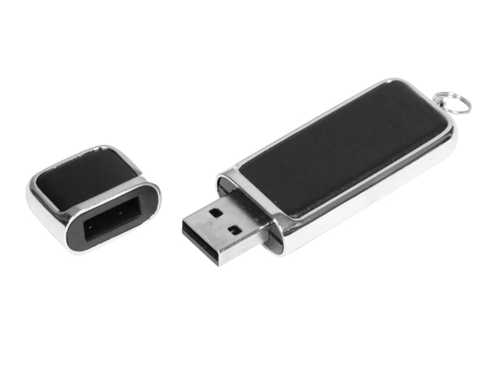 USB 2.0- флешка на 32 Гб компактной формы, черный, серебристый, кожзам