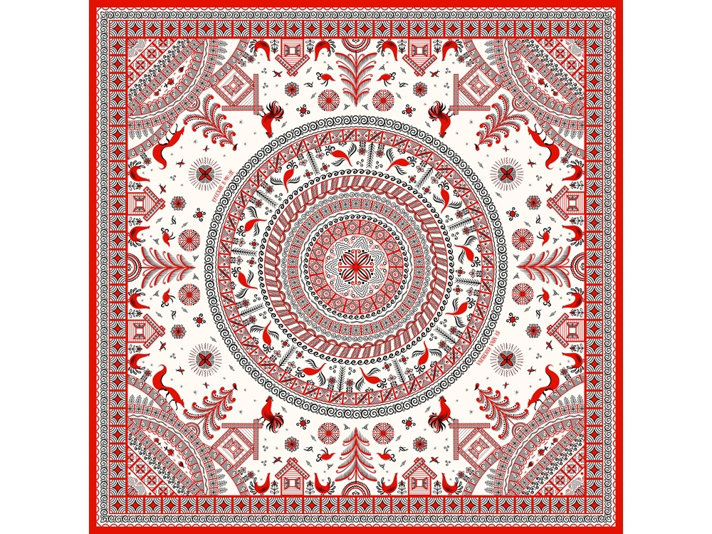 Платок «Мезенская роспись», белый, красный, вискоза, шелк