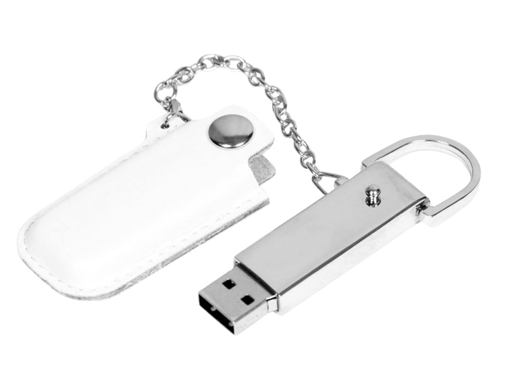 USB 2.0- флешка на 64 Гб в массивном корпусе с кожаным чехлом, белый, серебристый, кожа