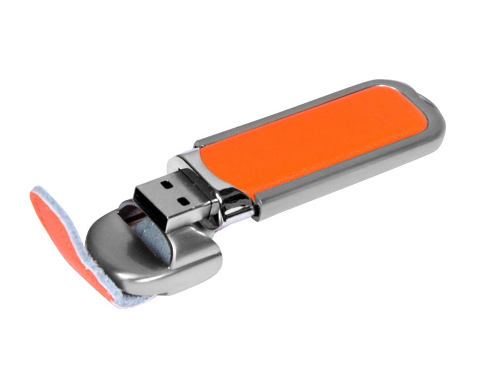 USB 3.0- флешка на 128 Гб с массивным классическим корпусом, оранжевый, серебристый, кожа