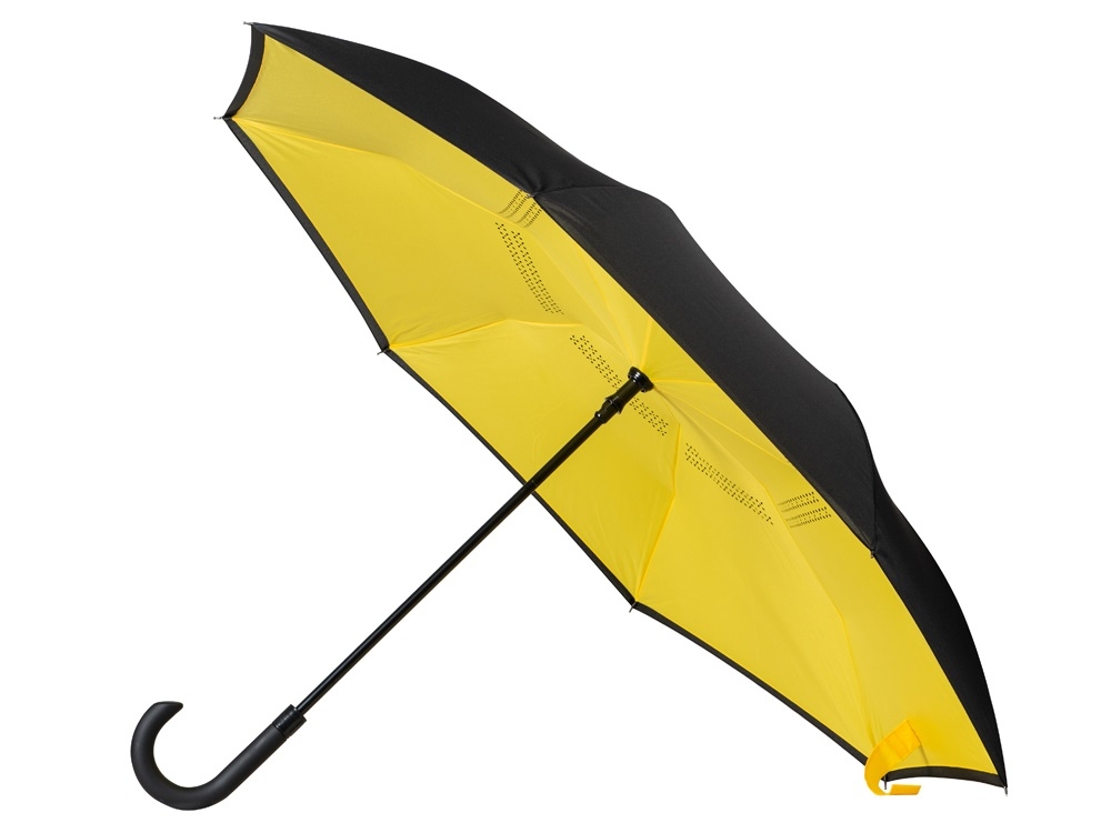 Зонт-трость наоборот «Inversa», черный, желтый, полиэстер, soft touch
