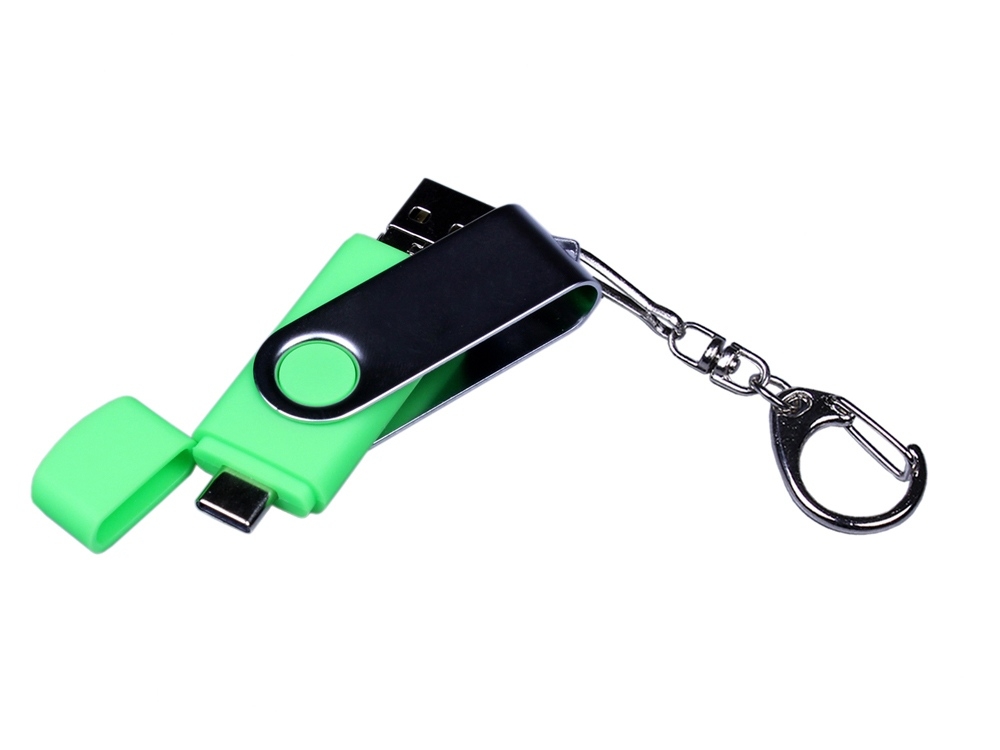 USB 2.0/micro USB/Type-C- флешка на 64 Гб c поворотным механизмом, зеленый, пластик