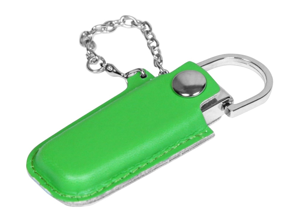 USB 2.0- флешка на 64 Гб в массивном корпусе с кожаным чехлом, зеленый, серебристый, кожа