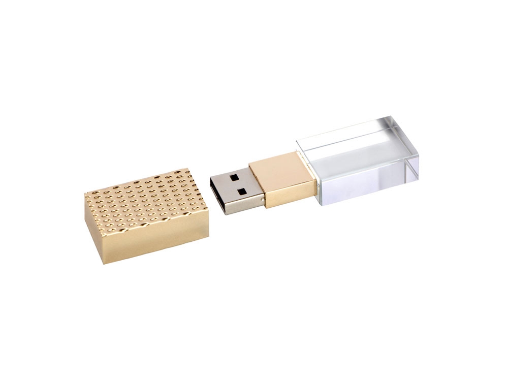 USB 2.0- флешка на 16 Гб кристалл в металле, желтый, металл, стекло