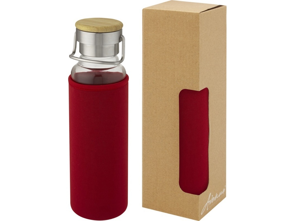 Стеклянная бутылка «Thor» с неопреновым чехлом, красный, пластик, бамбук, стекло