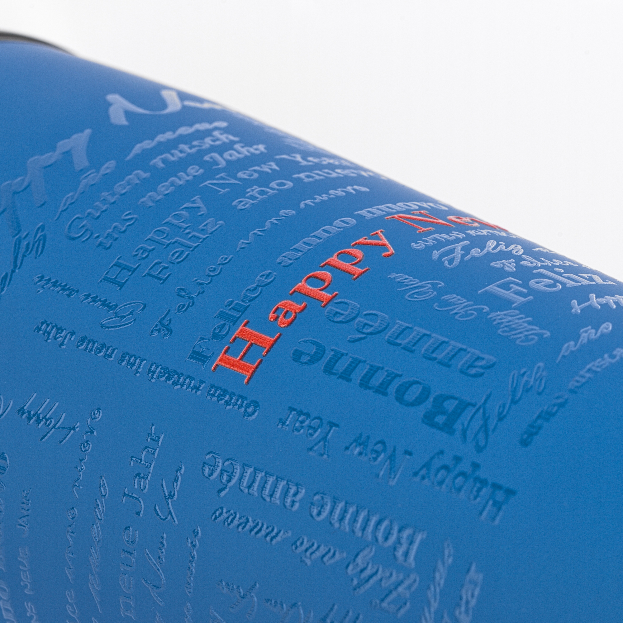Термостакан "Европа" с UF печатью по окружности "Happy New Year", покрытие soft touch, синий, пластик/soft touch/нержавеющая сталь