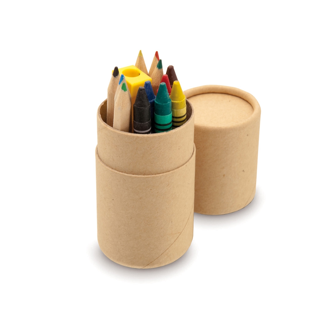 Набор канцелярский PIXI: 6 цветных карандашей, 6 восковых мелков, 1 точилка; картонный корпус, бежевый, дерево, картон, пластик