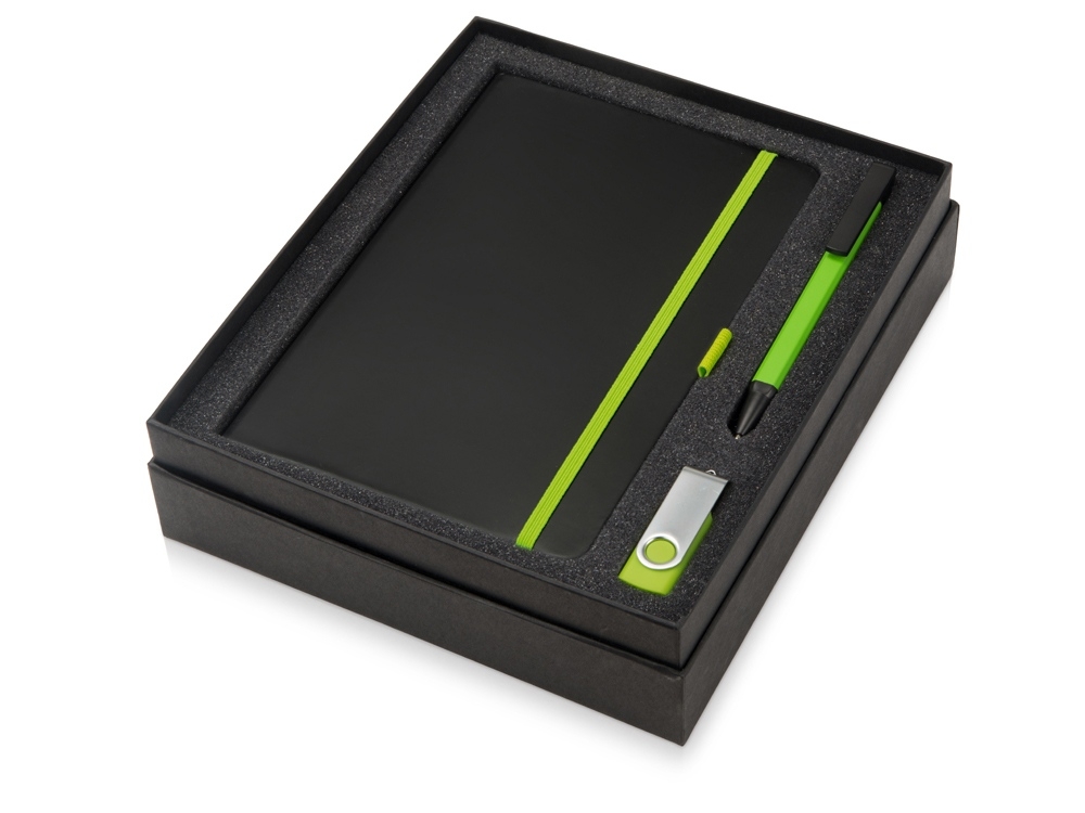 Подарочный набор «Q-edge» с флешкой, ручкой-подставкой и блокнотом А5, черный, зеленый, пластик, soft touch