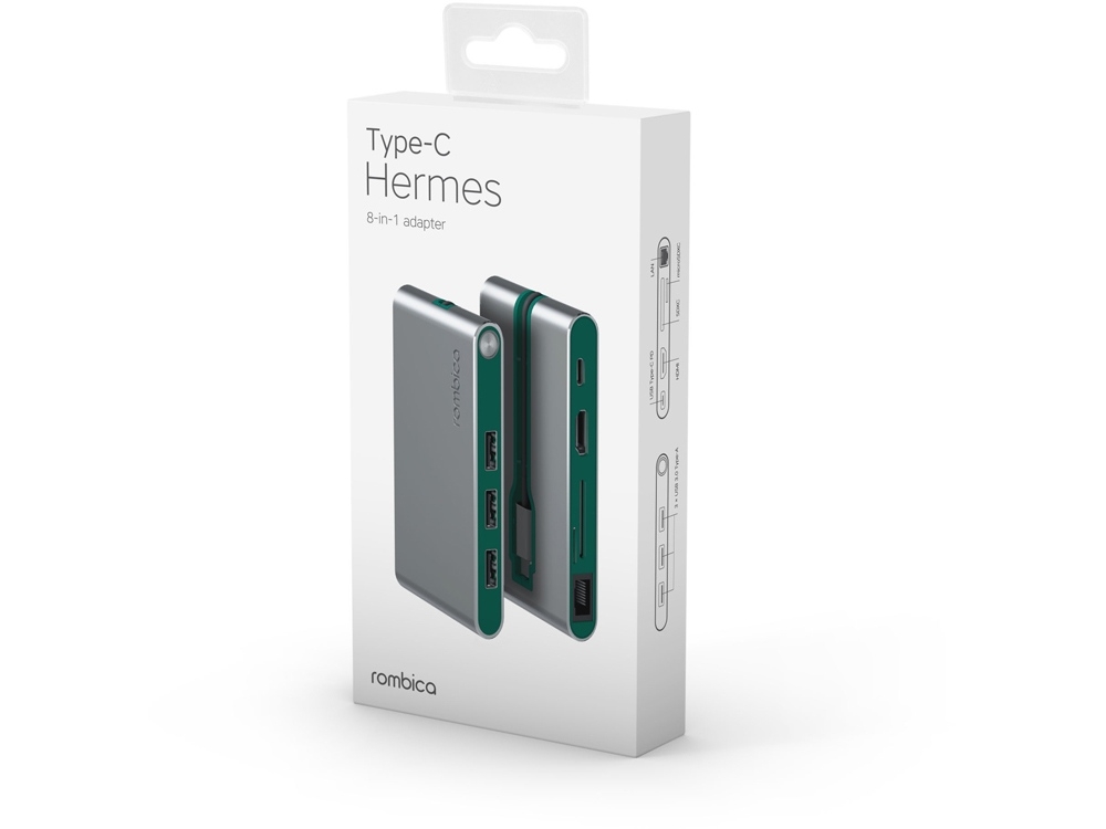 Разветвитель для компьютера 8-в-1  Type-C «Hermes», зеленый, пластик, алюминий