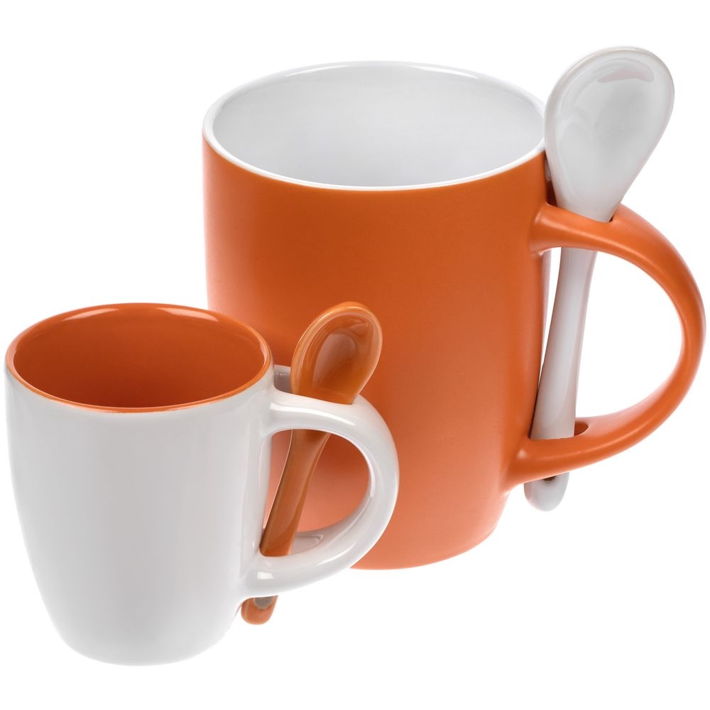 Кофейная кружка Pairy с ложкой, белая с оранжевой, белый, оранжевый, каменная керамика