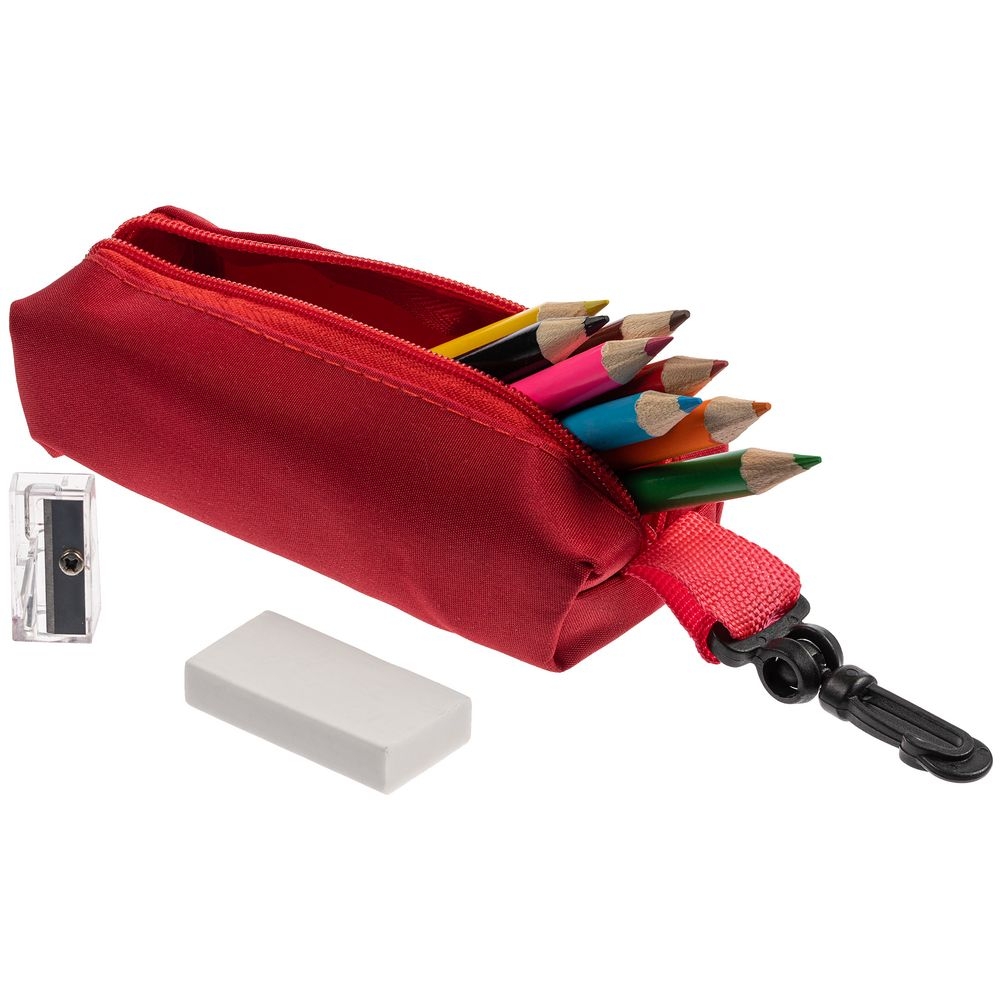 Набор Hobby с цветными карандашами, ластиком и точилкой, красный с логотипом, цвет красный, материал металл, пенал - полиэстер, пластик; карандаши - дерево; точилка - пластик - цена от 190 руб
