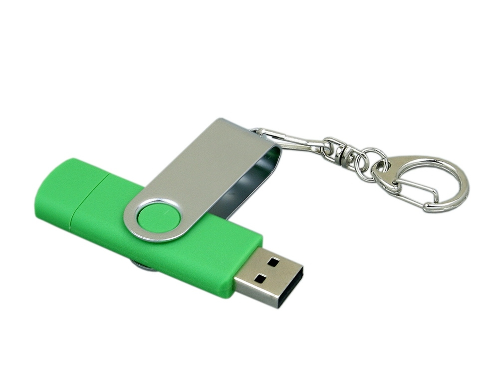USB 2.0- флешка на 16 Гб с поворотным механизмом и дополнительным разъемом Micro USB, зеленый, серебристый, пластик, металл