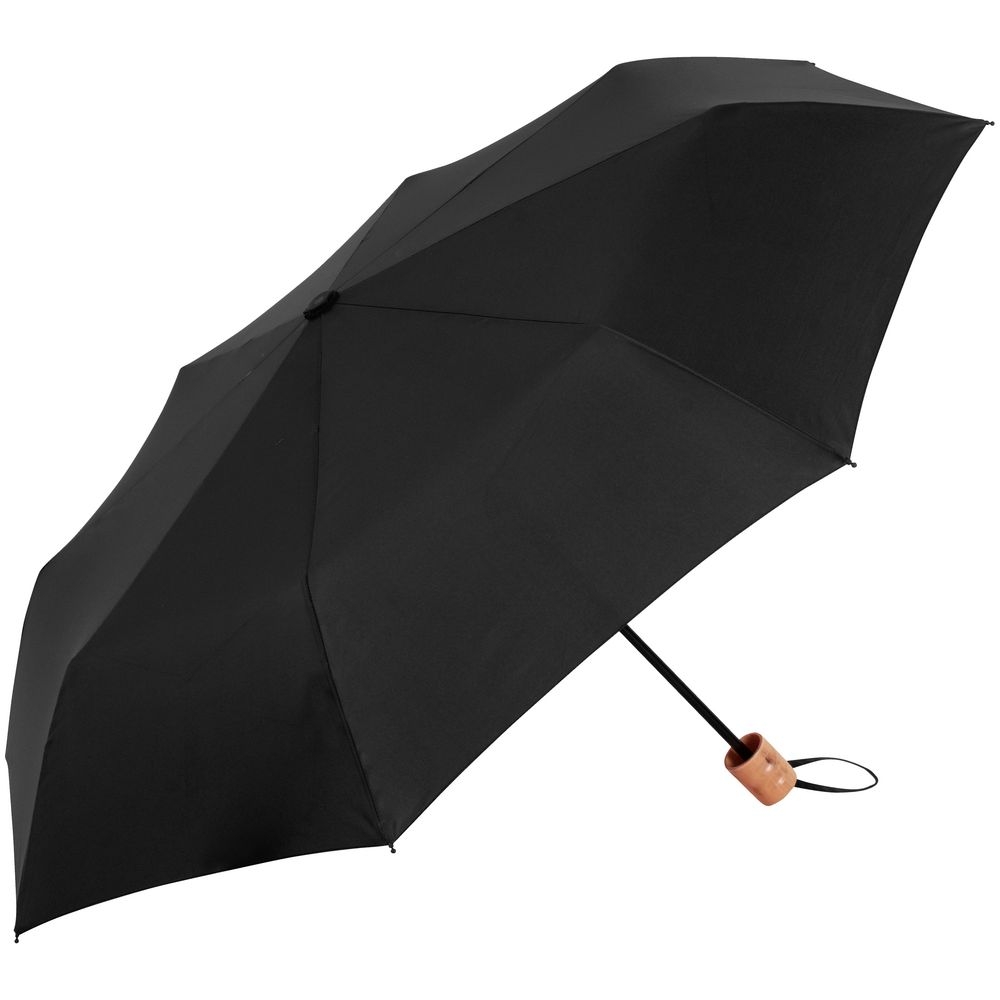 Зонт складной OkoBrella, черный, черный, купол - эпонж, из переработанного пластика; ручка - дерево; каркас - сталь