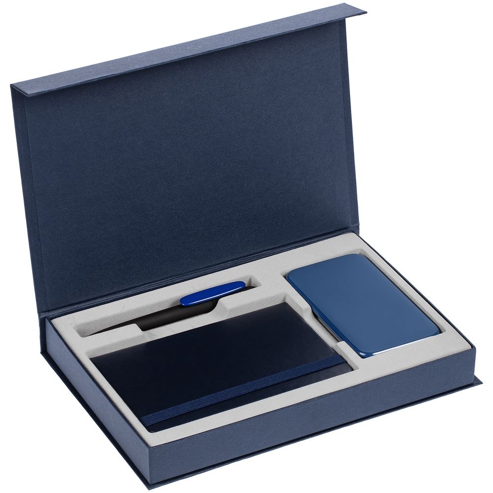 Коробка Silk с ложементом под ежедневник 10x16 см, аккумулятор и ручку, синяя, синий, картон