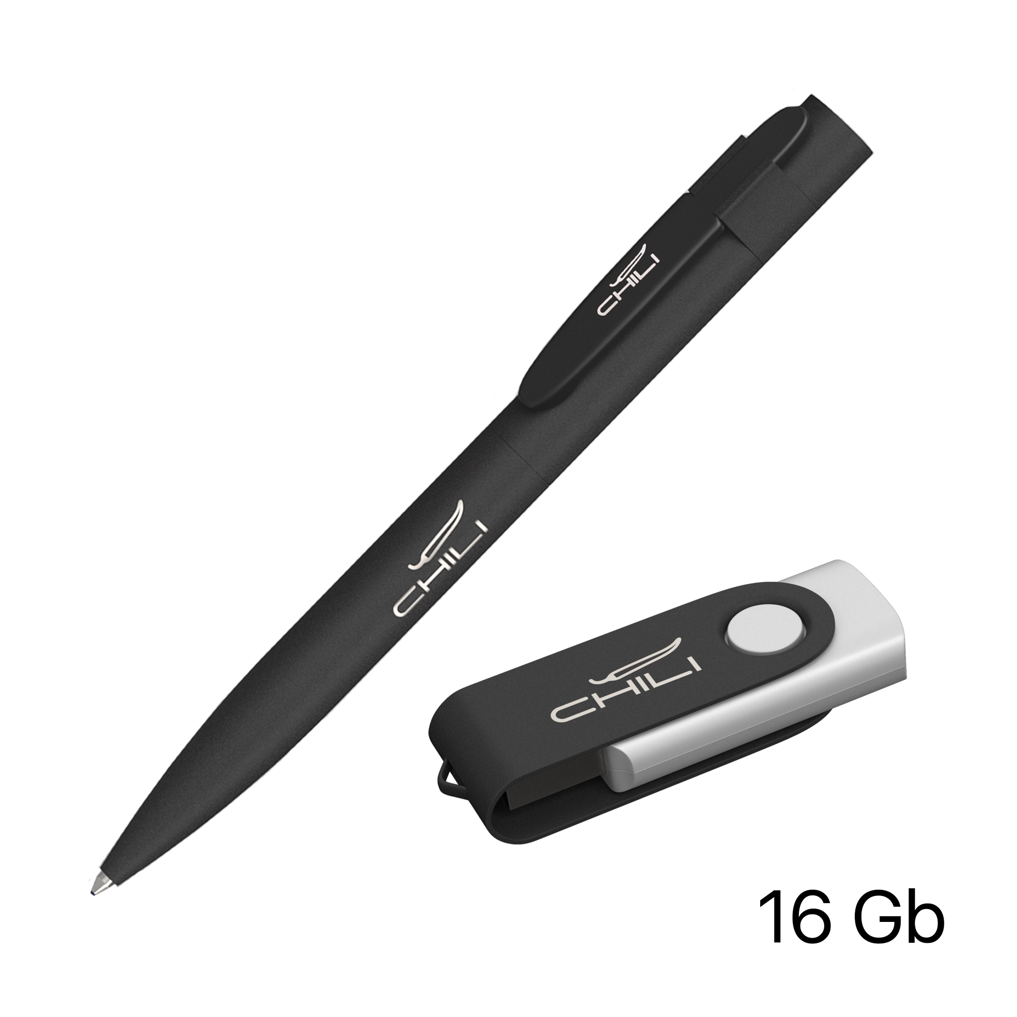 Набор ручка + флеш-карта 16 Гб в футляре, покрытие softgrip, черный, металл/soft grip