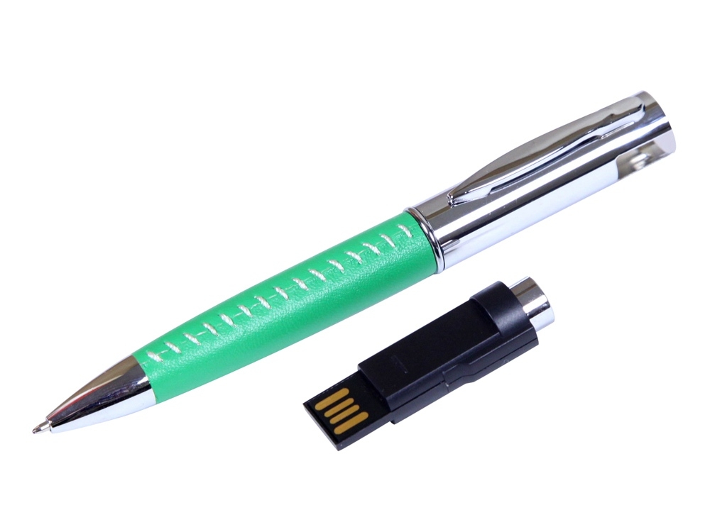 USB 2.0- флешка на 32 Гб в виде ручки с мини чипом, зеленый, серебристый, кожзам