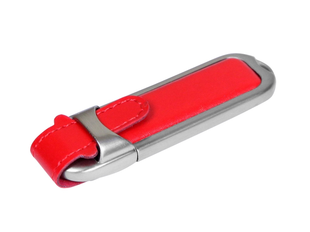 USB 2.0- флешка на 64 Гб с массивным классическим корпусом, красный, серебристый, кожа